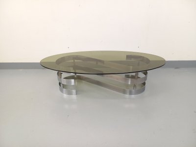 Table basse ovale vintage en verre fumé et métal chromé des années 70
