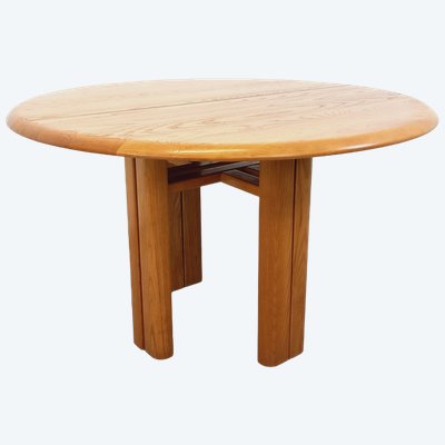 Table à manger ronde vintage Seltz des années 70 80 en orme blond massif avec rallonges