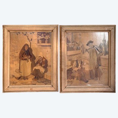 Paire de panneaux marquetés