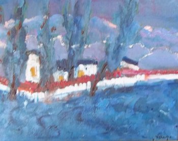 Jacques SAUZE ( 1925-2013 ).field of lavender and cypress.         