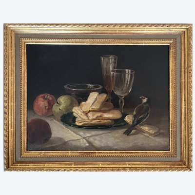 Tableau HST (XIX° siècle) le Chardonnet aux boudoirs cf. Chardin