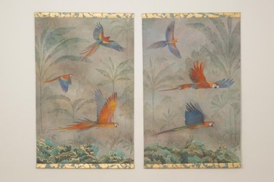 Bemalte Leinwand mit Papageienmotiv im Regenwald. Zeitgenössisch. LS6758A679/1
