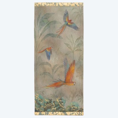Toile peinte figurant des perroquets en forêt tropicale. Contemporain. LS6758A679/1