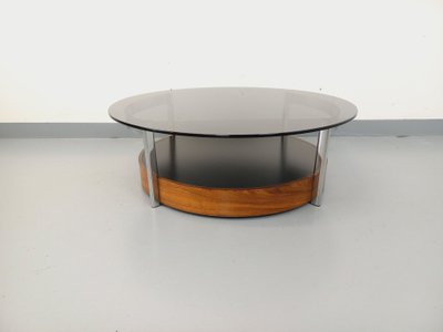 Table basse ronde italienne vintage en palissandre courbé, métal chromé et verre fumé des années 60 