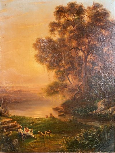 "Belebte Landschaft bei Sonnenuntergang", Öl auf Leinwand 19.