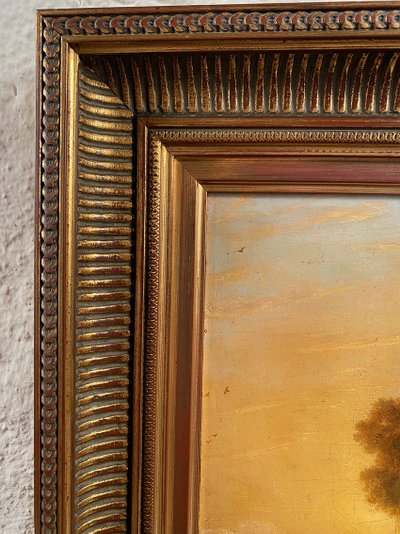 "Belebte Landschaft bei Sonnenuntergang", Öl auf Leinwand 19.