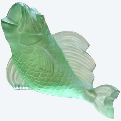 BACCARAT France - Koi carp in water-green satin-finish crystal - signed