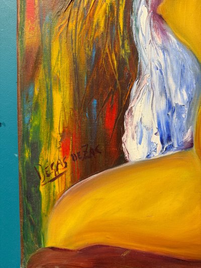 Gianfranco Zaccagnino, olio su tela, arte moderna, "Donna che si asciuga i capelli", 80x60cm
