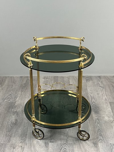 Rolling Table In Brass And Smoked Glass, 20th Century