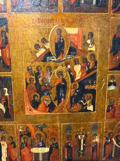 Antique Russian icon on panel, depicting the Twelve Great Feasts, Russia, 19th century, 36x31cm