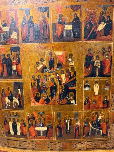 Antique Russian icon on panel, depicting the Twelve Great Feasts, Russia, 19th century, 36x31cm