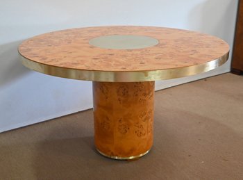 Table Ronde en Loupe de Thuya et Métal Doré – 1980