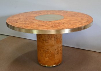 Table Ronde en Loupe de Thuya et Métal Doré – 1980