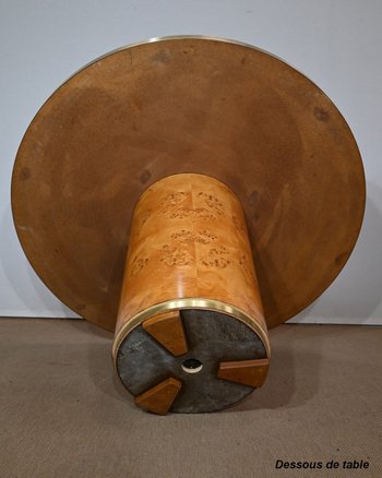 Table Ronde en Loupe de Thuya et Métal Doré – 1980