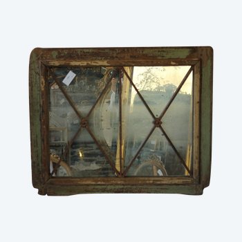 Antique Mirror, Transom Woodwork, Architectural Element, Wood & Wrought Iron 78 X 95 Cm