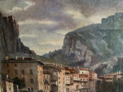 Öl auf Leinwand "Das Dorf in den Bergen" Signatur des Künstlers XX Jahrhundert