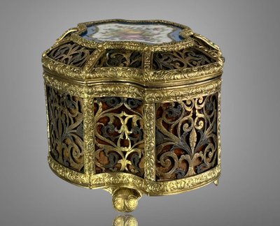 NAPOLEONE III CASSA TRAFORATA IN BRONZO DORATO/ARGENTO CON PLACCA DI SÈVRES