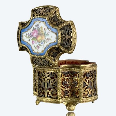 NAPOLEONE III CASSA TRAFORATA IN BRONZO DORATO/ARGENTO CON PLACCA DI SÈVRES