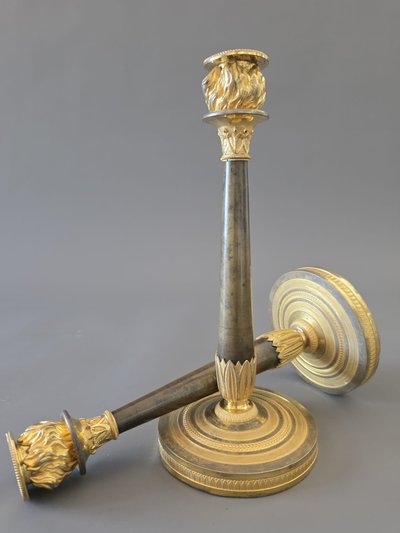  Pair of "flaming" candlesticks, Empire period.