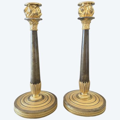  Pair of "flaming" candlesticks, Empire period.