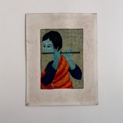 Acrylique sur papier joueur de flûte par Tran Long XXe