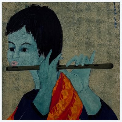 Acrylique sur papier joueur de flûte par Tran Long XXe