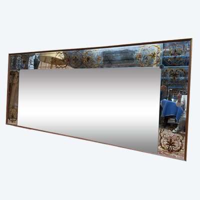 Art Nouveau brasserie mirror – Églomisé glass – Lacquered wood – Bronze