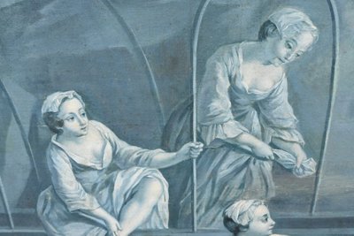 Coppia di tele in tonalità sfumate di blu, opera di Lancret, XVIII secolo