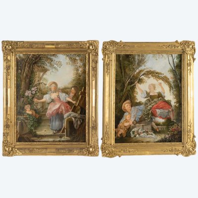 Pair of Romantic paintings signed "AB," dated 1850