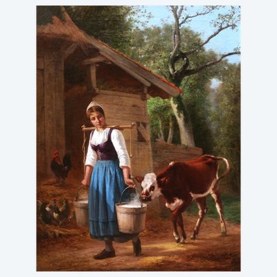 Charles Marie LHULLIER ou LHUILLIER, La Petite gardeuse de vaches, tableau GRAND FORMAT
