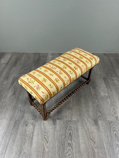 Antique Turned Wood Bench Seat Floral Tapestry, 20th Century