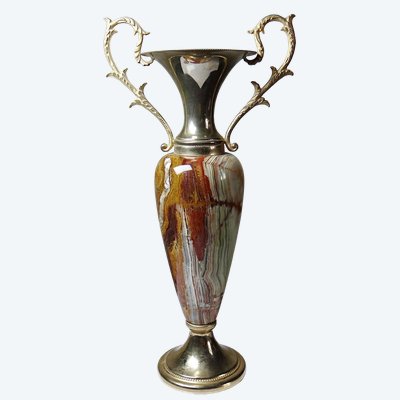 Grande cassolette décorative en onyx et métal doré, Italie années 60-70