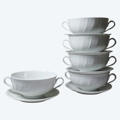 5 two-handled cups, Bernardaud "Palm" Limoges porcelain