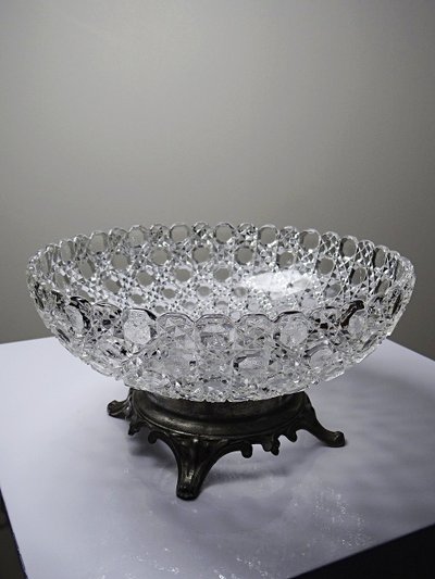 Antique pressed glass goblet with diamond-shaped tips, circa 1920–1950, on a pewter base