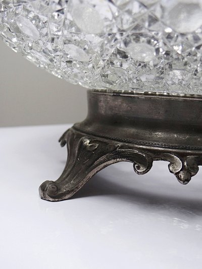 Antique pressed glass goblet with diamond-shaped tips, circa 1920–1950, on a pewter base