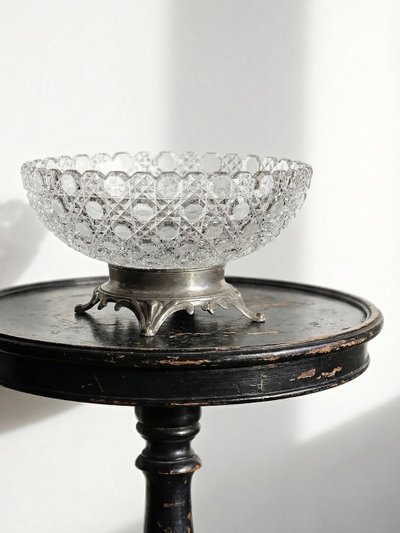 Antique pressed glass goblet with diamond-shaped tips, circa 1920–1950, on a pewter base