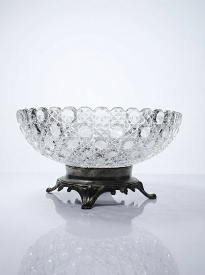 Antique pressed glass goblet with diamond-shaped tips, circa 1920–1950, on a pewter base