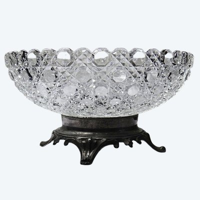 Antique pressed glass goblet with diamond-shaped tips, circa 1920–1950, on a pewter base