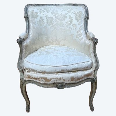 Bergère con orecchie – Epoca Luigi XVI – Legno laccato grigio – Seta damascata
