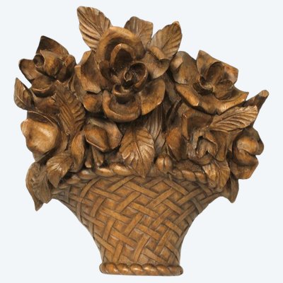 Carved wood with a design featuring a bouquet of roses in a basket from the mid-19th century