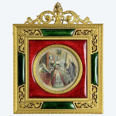 CADRE NAPOLEON III EN BRONZE DORÉ ET EMAUX POLYCHROME , VERS 1870 DE STYLE L XVI