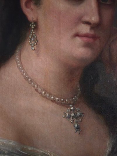 Charles Démory, Grande ritratto di una donna elegante nello stile dei ritratti di corte, circa 1870.