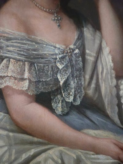 Charles Démory, Grande ritratto di una donna elegante nello stile dei ritratti di corte, circa 1870.