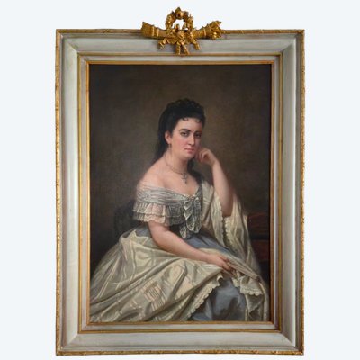 Charles Démory, Grande ritratto di una donna elegante nello stile dei ritratti di corte, circa 1870.