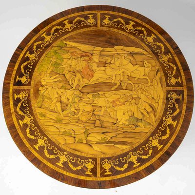 Table circulaire en marqueterie au Mythe de Phéton, Italie fin XVIIIe siècle