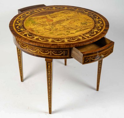 Table circulaire en marqueterie au Mythe de Phéton, Italie fin XVIIIe siècle