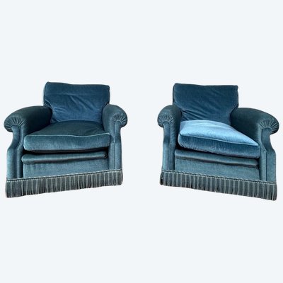 Coppia di poltrone club - Stile Napoleone III - Velluto blu-grigio - XIX secolo.