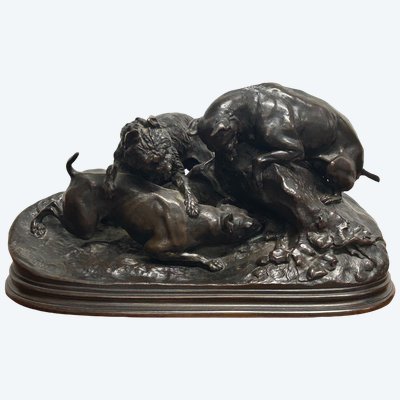 Pierre Jules Mène (1810-1879) Cani da tana - scultura in bronzo del XIX secolo - caccia 