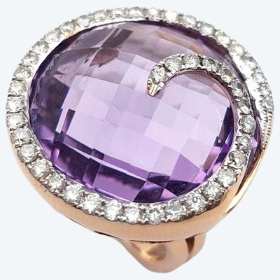 Grande anello con ametista "Spirale", diamanti e oro rosa 18 carati