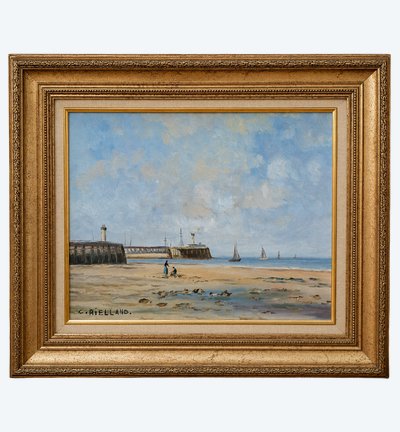 Christophe Rielland (XXᵉ siècle) – Vue de port et plage animée  Huile sur toile signée
